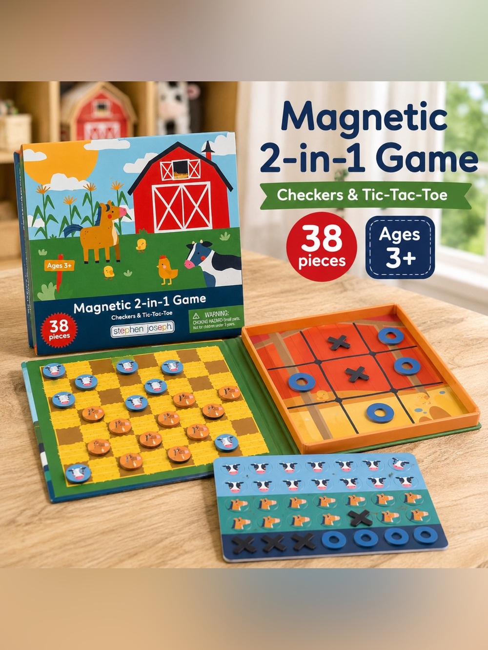 Stephen Joseph Magnetic 2-in-1 Checkers and Tic-Tac-Toe/Farm Theme/ Travel Game